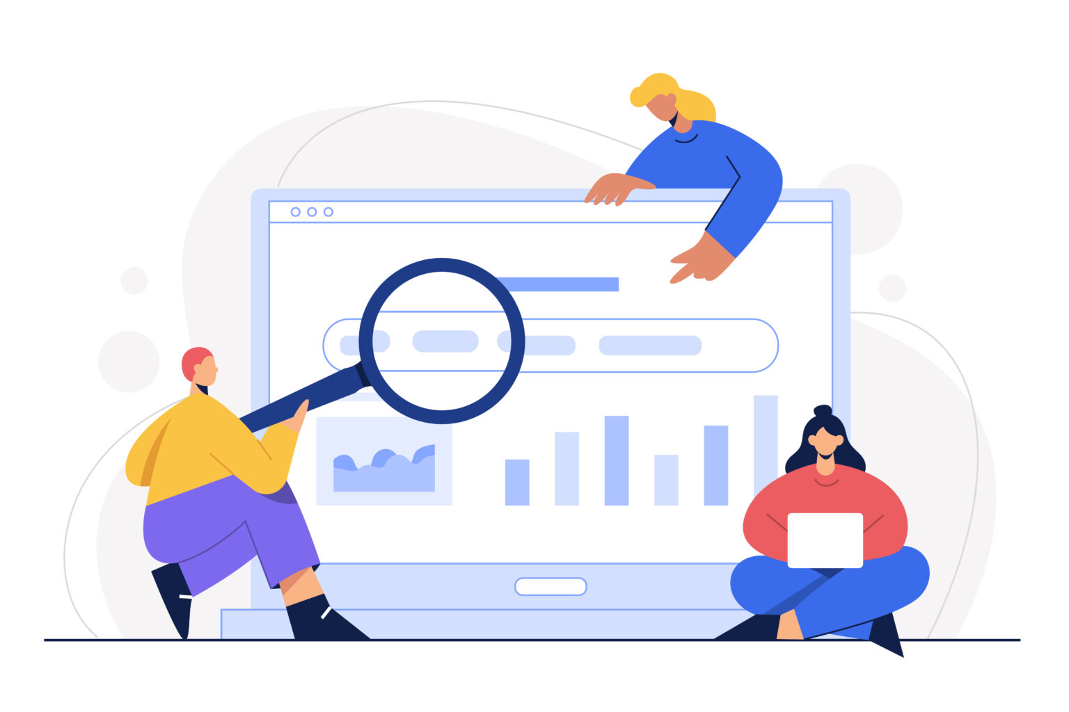 Trois personnes près d'un écran d'ordinateur, l'une analyse des résultats de recherche, une autre pointe une page dans les résultat et la dernière est sur son ordinateur portable.