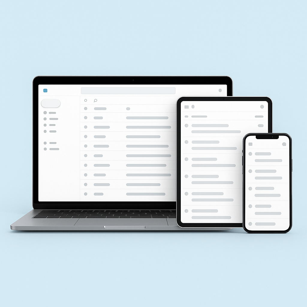 Ordinateur portable, tablette et smartphone affichant une interface de messagerie stylisée sans publicité, illustrant l’accès facile et sécurisé depuis tous les appareils.